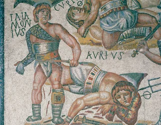 Mosaik zeigt eine Szene kämpfender Gladiatoren (Detail), in der Borghese-Galerie in Rom